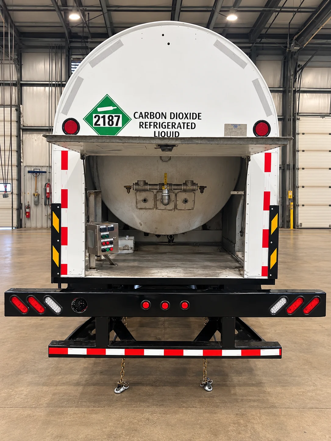Rear end protection assembly on a CO₂ tank trailer in the Micron workshop